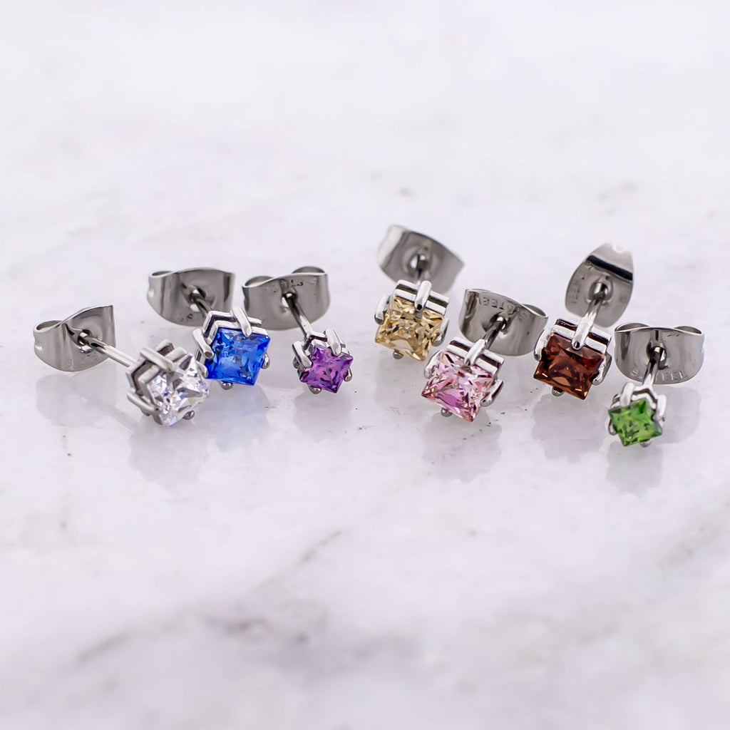 Steel Prong Set Square Premium Zirconia Earring Studs | Body Jewelry | Wiccan Center