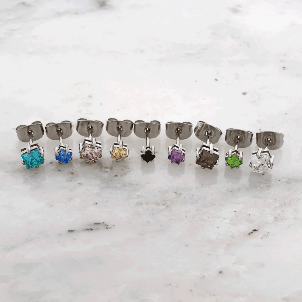 Steel Prong Set Square Premium Zirconia Earring Studs | Body Jewelry | Wiccan Center