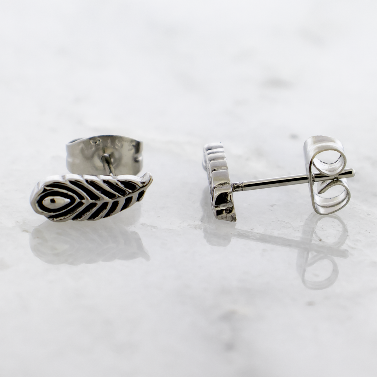 Steel Peacock Feather Earring Studs | Body Jewelry | Wiccan Center
