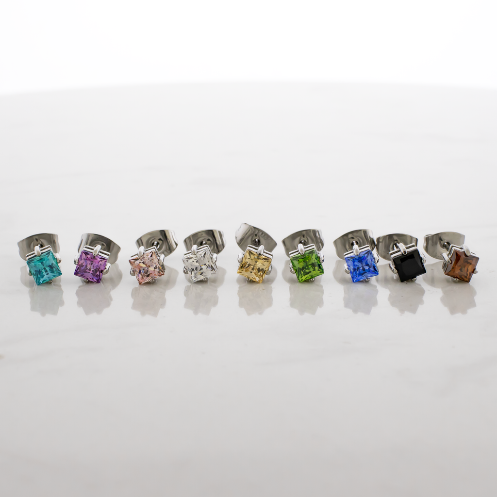 Steel Prong Set Square Premium Zirconia Earring Studs | Body Jewelry | Wiccan Center