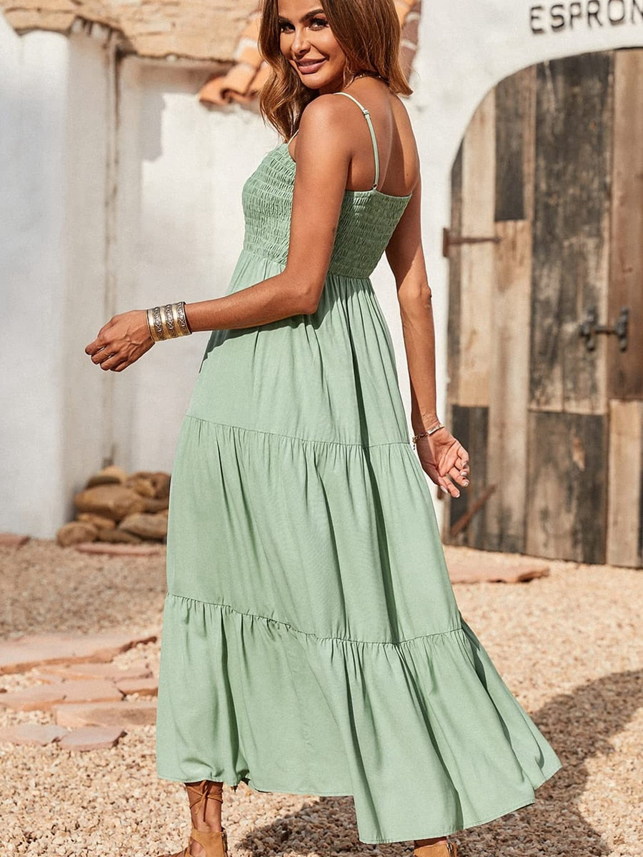 Spaghetti Strap Maxi Dress Women Summer Sleeveless Smocked Boho Long Beach Dress Sundresses | Dresses | Wiccan Center