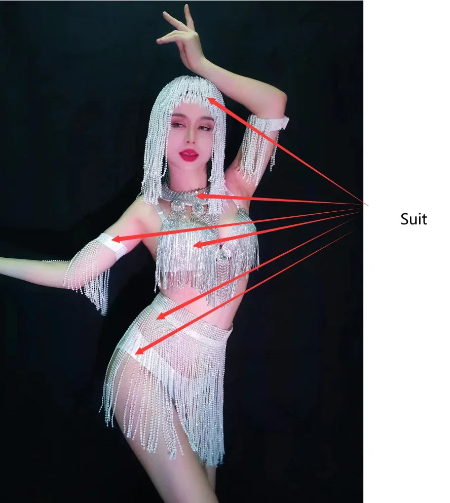 Luxury Crystal Tassel Bikini & Wig Performance Set – Premium Showgirl Stage Costume for GoGo Dancers, Nightclub DJs & Rave Outfits | Body Chains | Wiccan Center