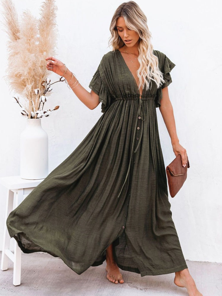 Summer Beach Maxi Dress Women Boho Long Bikini Cover Up High Waist Casual V-Neck Dresses | Dresses | Wiccan Center