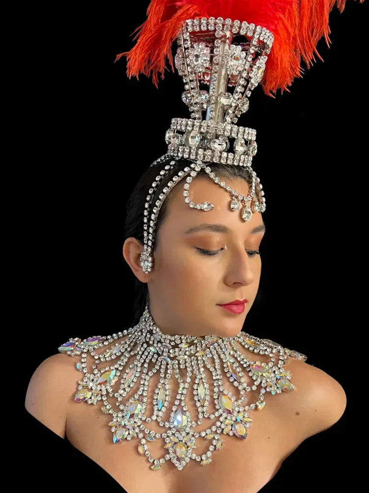 Crystal Rhinestone Ostrich Feather Headdress & Crystal Drop Set