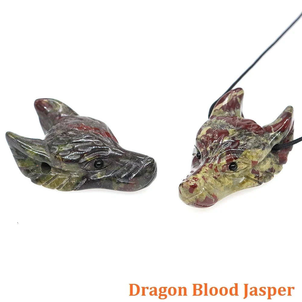 1.5" Wolf Head Stone Pendant Natural Healing Crystals Hand Carved Wolves Animal Statue Figurine Gems for Jewelry Making Necklace