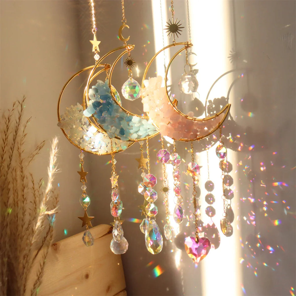 Hourglass Moon Purple Blue Green Pink Crystal Sun Catcher Pendant Decoration, Half Moon Window Hanging Pendant - Home and Garden | | Wiccan Center