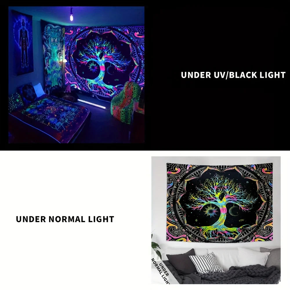 1Pcs 75x58cm Tree of Life Tapestry BlackLight Sun Moon Stars Galaxy Colorful Hippie Psychedelic Bedroom Dorm Decor Aesthetic