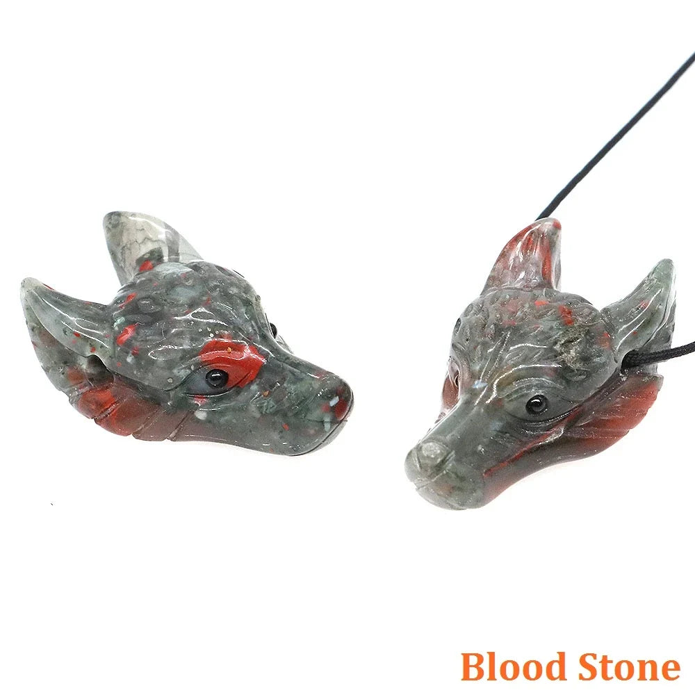 1.5" Wolf Head Stone Pendant Natural Healing Crystals Hand Carved Wolves Animal Statue Figurine Gems for Jewelry Making Necklace