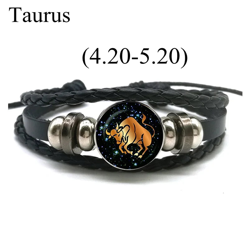 12 Zodiac Signs Leather Bracelet for Men Women Virgo Libra Scorpio Aries Taurus  Braided Rope Bracelets Birthday Gift Wholesale