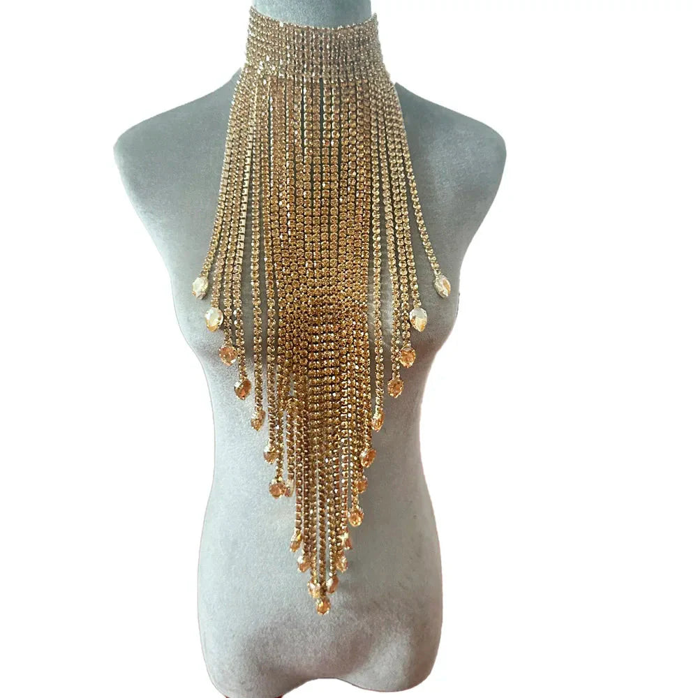 Luxury Rhinestone Long Tassel Statement Choker – Waist-Length Crystal Drop Crystal Drop for Weddings, Galas & High-Fashion Clubwear | Necklaces | Wiccan Center