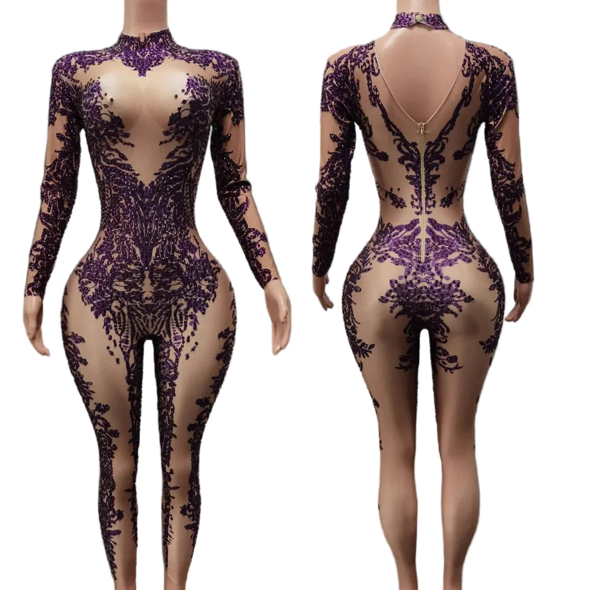 High Neck Crystal Appliqué Illusion Bodysuit | Bodysuit | Wiccan Center