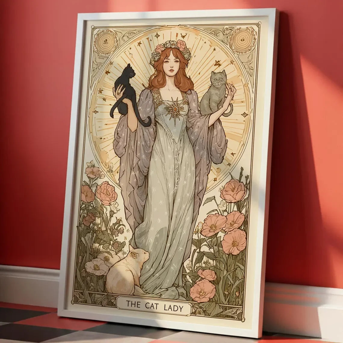 The Cat Lady Tarot Print, Art Nouveau Cat Lovers Wall Art, Vintage Cat Poster, Cat Mom Gift, Unique Cat Print, Apartment Decor