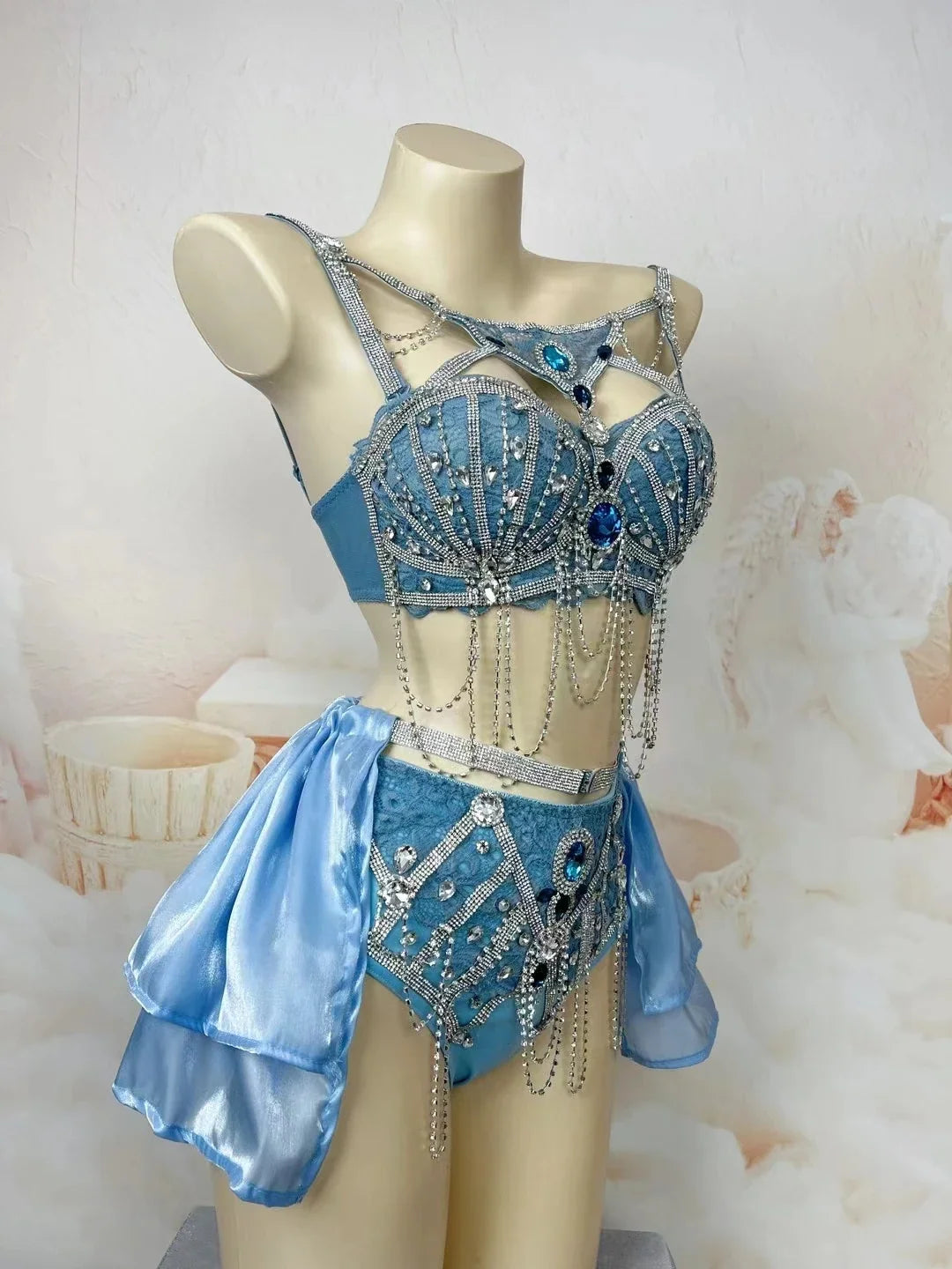 Sapphire Blue Rhinestone Bikini & Micro Skirt 2-Piece Stage Dance Costume Set | Costume Sets | Wiccan Center