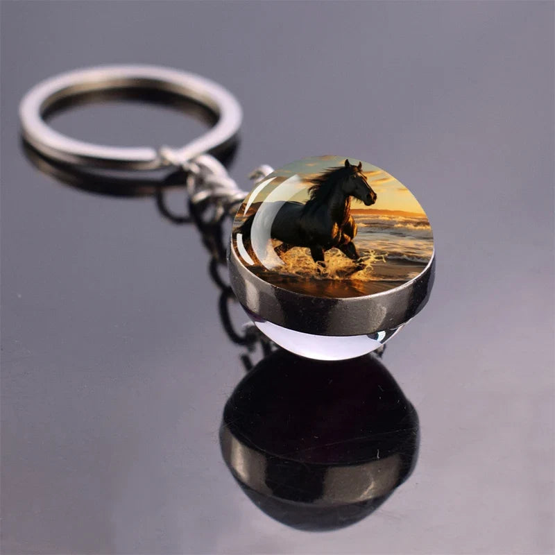 Horse Pattern Keychains White Brown Horse Racing Double Sided Glass Ball Pendant Key Chain Fashion Animal Jewelry Keyring Gift