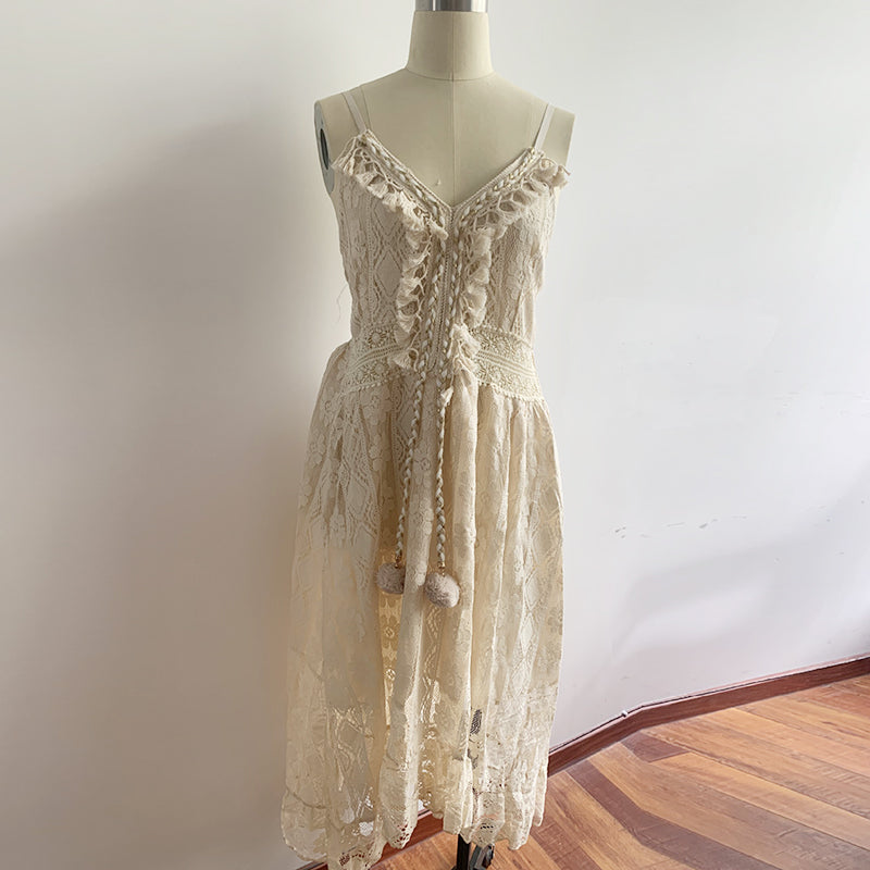 Women Dress Beach Style Elegant White Lace Spaghetti Srap Sundress Female Hollow Out Boho | Dresses | Wiccan Center
