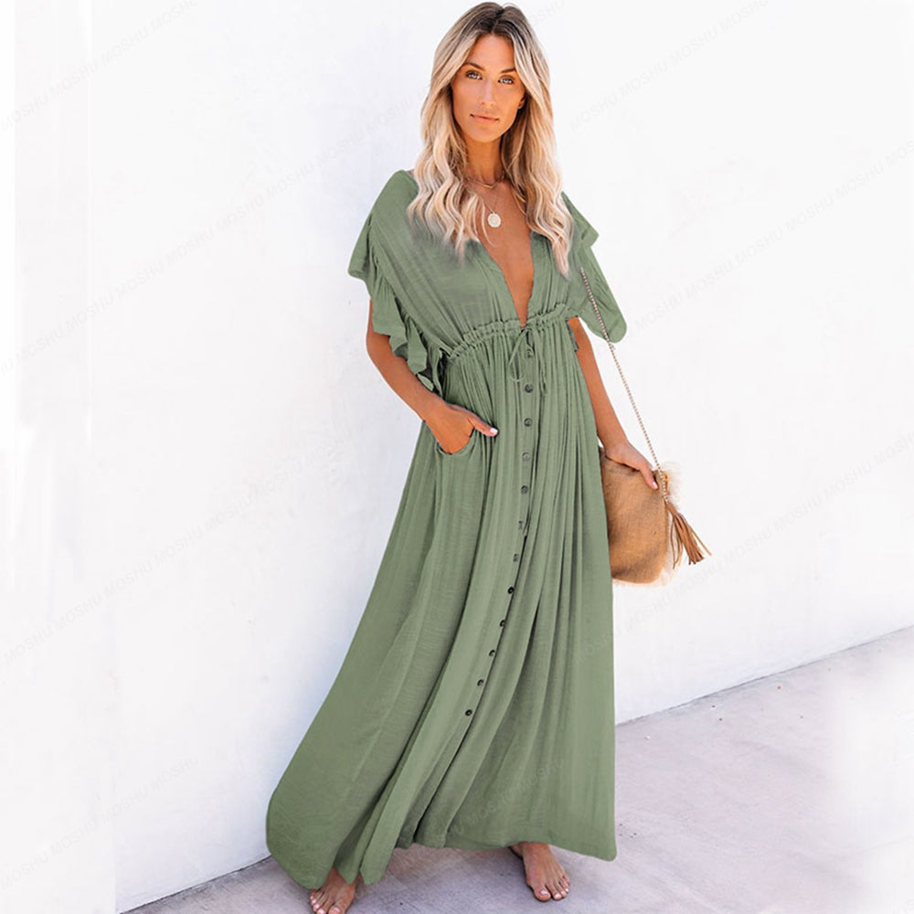 Summer Beach Maxi Dress Women Boho Long Bikini Cover Up High Waist Casual V-Neck Dresses | Dresses | Wiccan Center