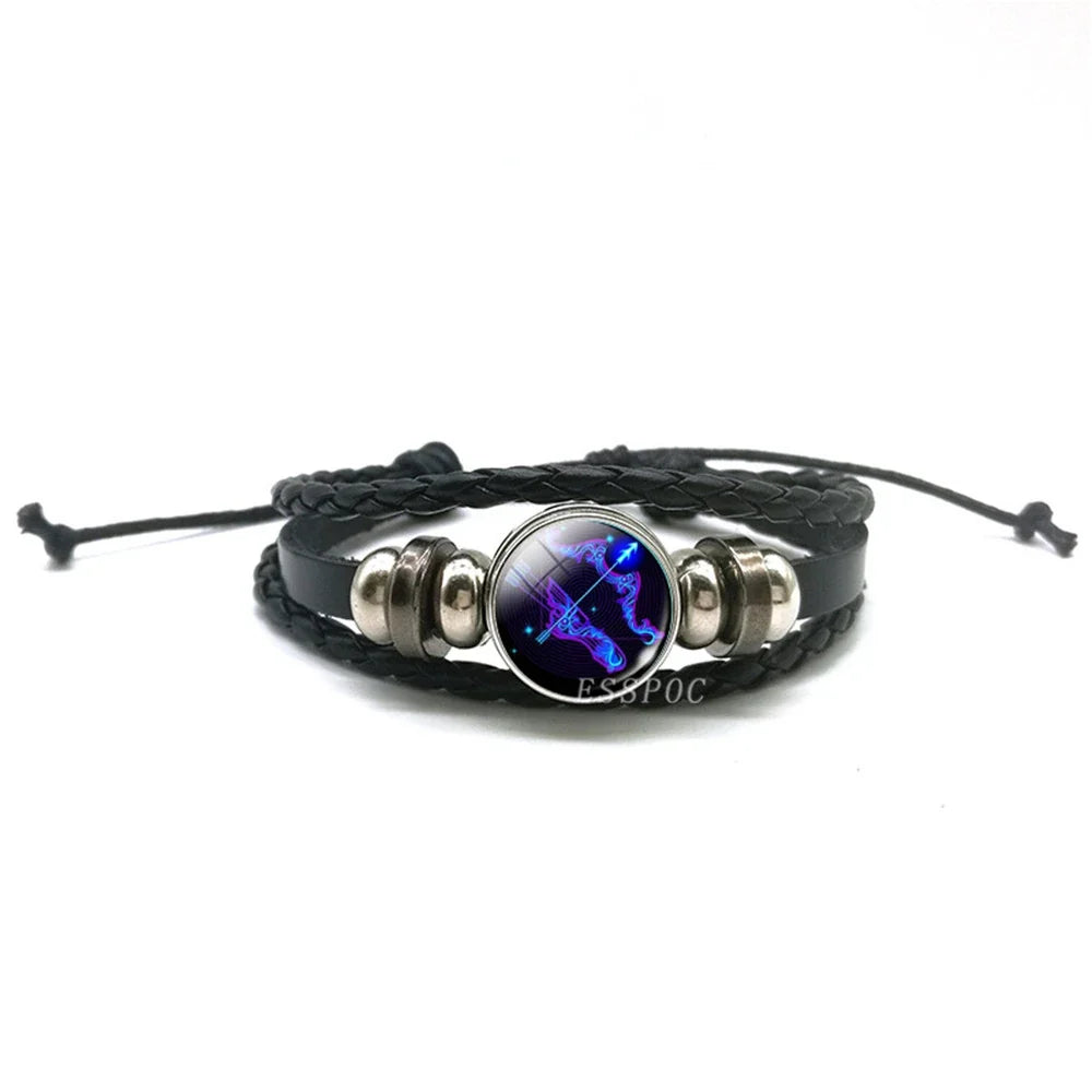 New Men 12 Constellation Black Braided Leather Bracelet Punk Style Zodiac Sign Multilayer Weave Wrap Bracelet For Birthday Gifts