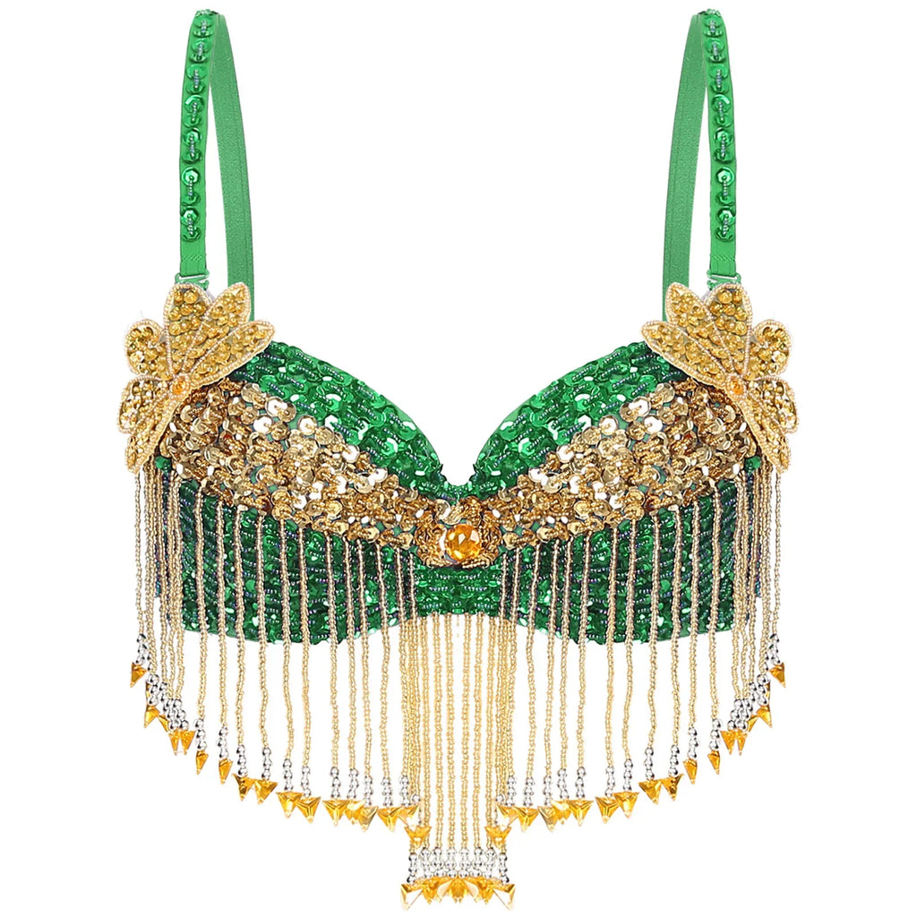 Sparkly Floral Beaded Sequin Belly Dance Bra & Tassel Performance Top | Costume Tops | Wiccan Center