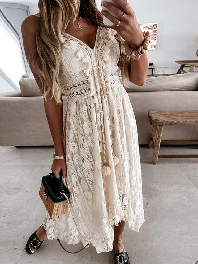 Women Dress Beach Style Elegant White Lace Spaghetti Srap Sundress Female Hollow Out Boho | Dresses | Wiccan Center