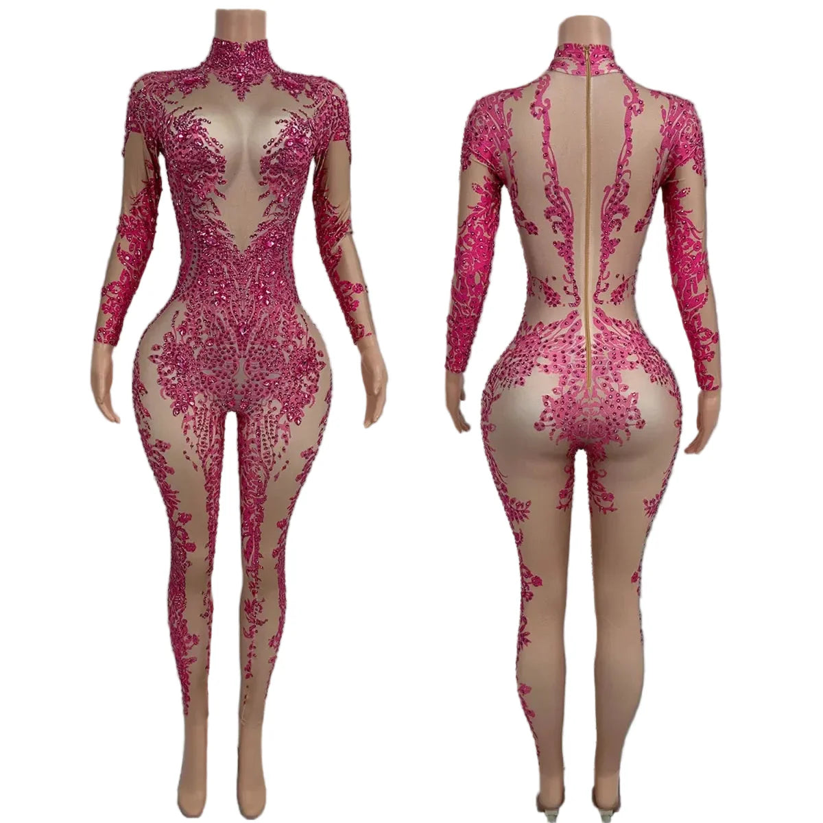 High Neck Crystal Appliqué Illusion Bodysuit | Bodysuit | Wiccan Center