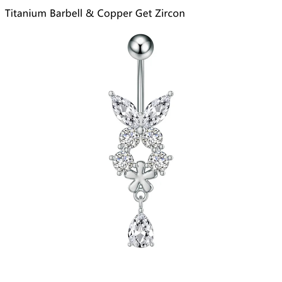 14G Crystal Heart Butterfly Dangle Belly Button Rings CZ Zircon Drop Navel Barbell Belly Rings Body Piercing Jewelry for Women | | Wiccan Center