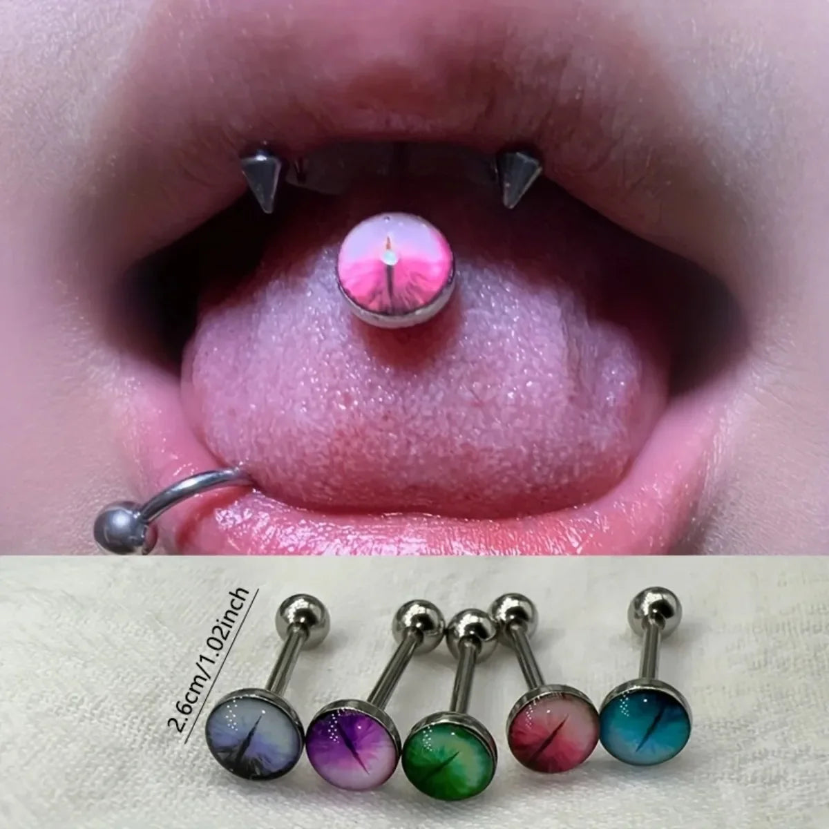 New Trendy Hypoallergenic Stainless Steel Colorful Eye Tongue Rings for Women Tongue Stud Body Piercing Jewelry | | Wiccan Center