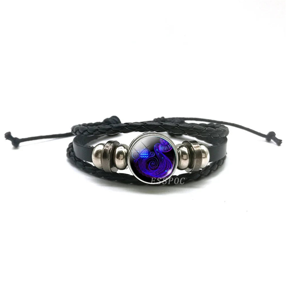 New Men 12 Constellation Black Braided Leather Bracelet Punk Style Zodiac Sign Multilayer Weave Wrap Bracelet For Birthday Gifts