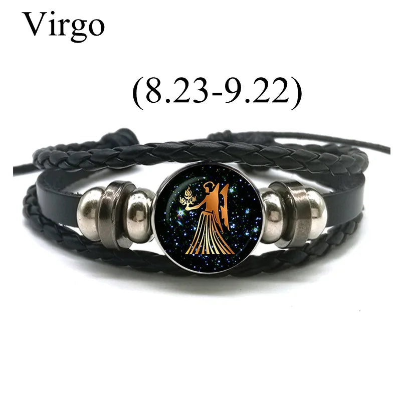 12 Zodiac Signs Leather Bracelet for Men Women Virgo Libra Scorpio Aries Taurus  Braided Rope Bracelets Birthday Gift Wholesale