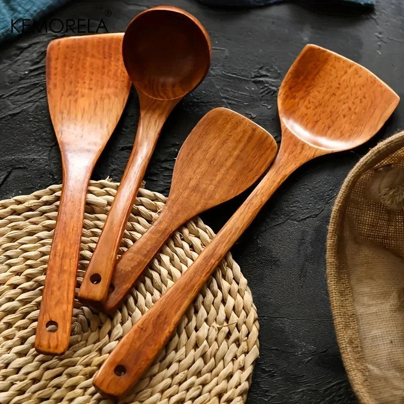 DecorBites™ 4-Piece Wooden Kitchen Utensil Set | Nonstick Cooking Tools | | Wiccan Center