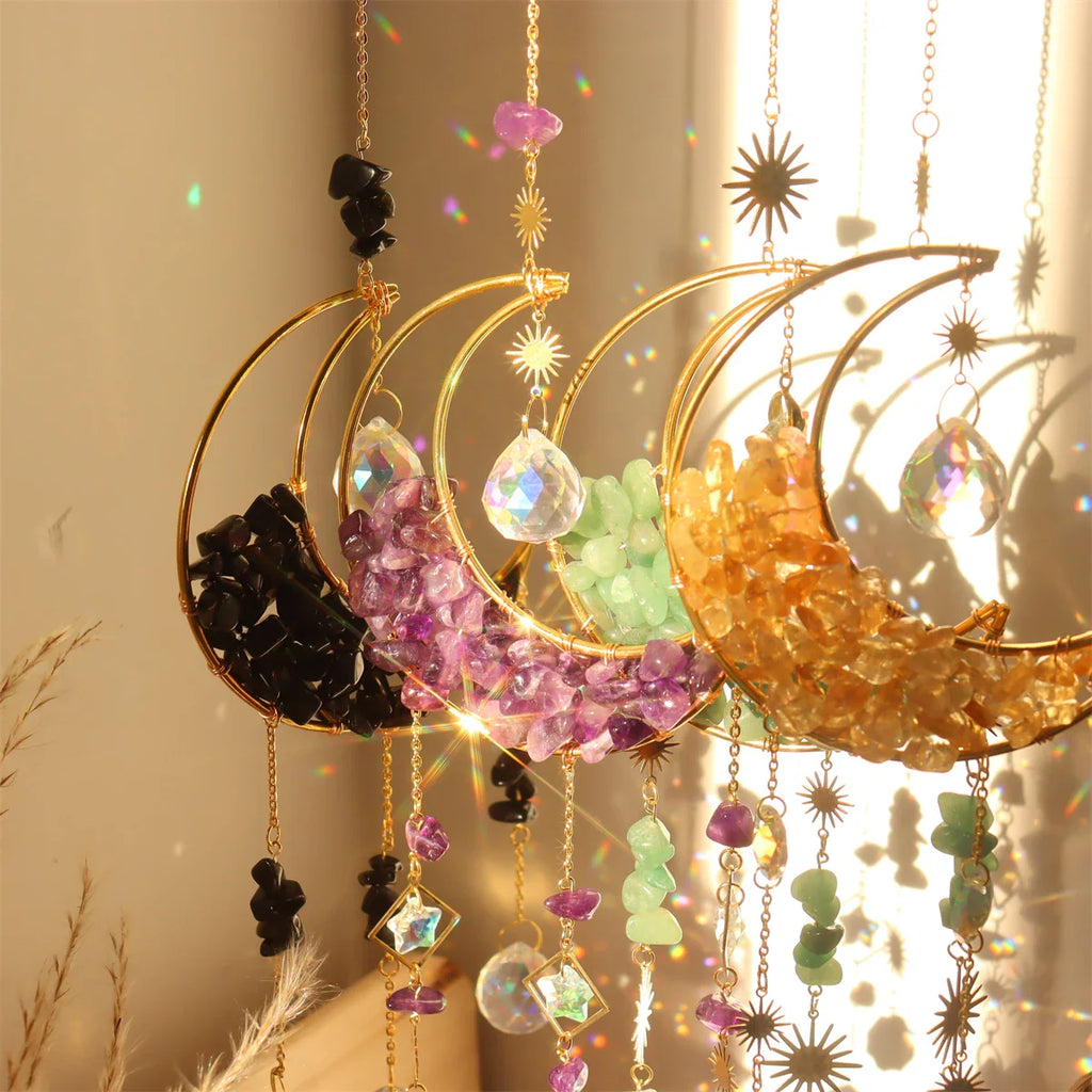 Hourglass Moon Purple Blue Green Pink Crystal Sun Catcher Pendant Decoration, Half Moon Window Hanging Pendant - Home and Garden | | Wiccan Center