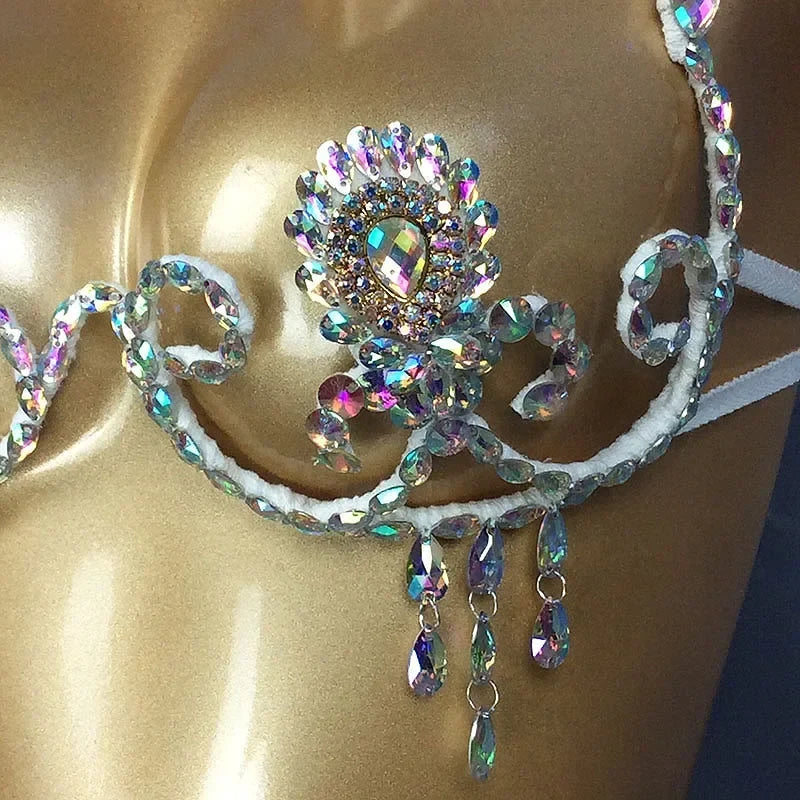 Dazzling Rainbow Crystal Stone Belly Dance Bra & Samba Carnival Performance Top | Costume Tops | Wiccan Center