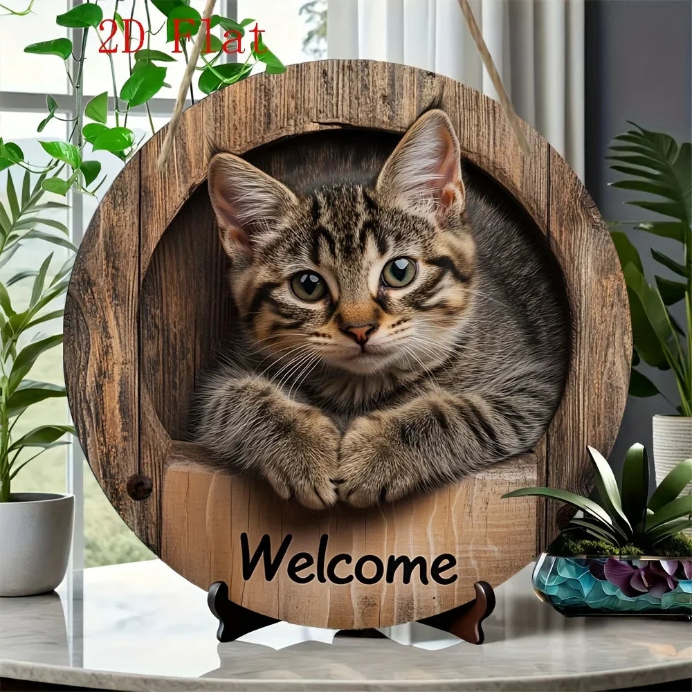 2D Graphic 2D Printed Wall Art - Cat Welcome Signs for Street, Courtyard, Shopping Center, Garage, Cafe, Family, Bar, Club, Kitchen, Restaurant, Laundry Room, Men's Cave, Gym, Bedroom, Farm, Farmhouse, Handmade Round Wood Dec