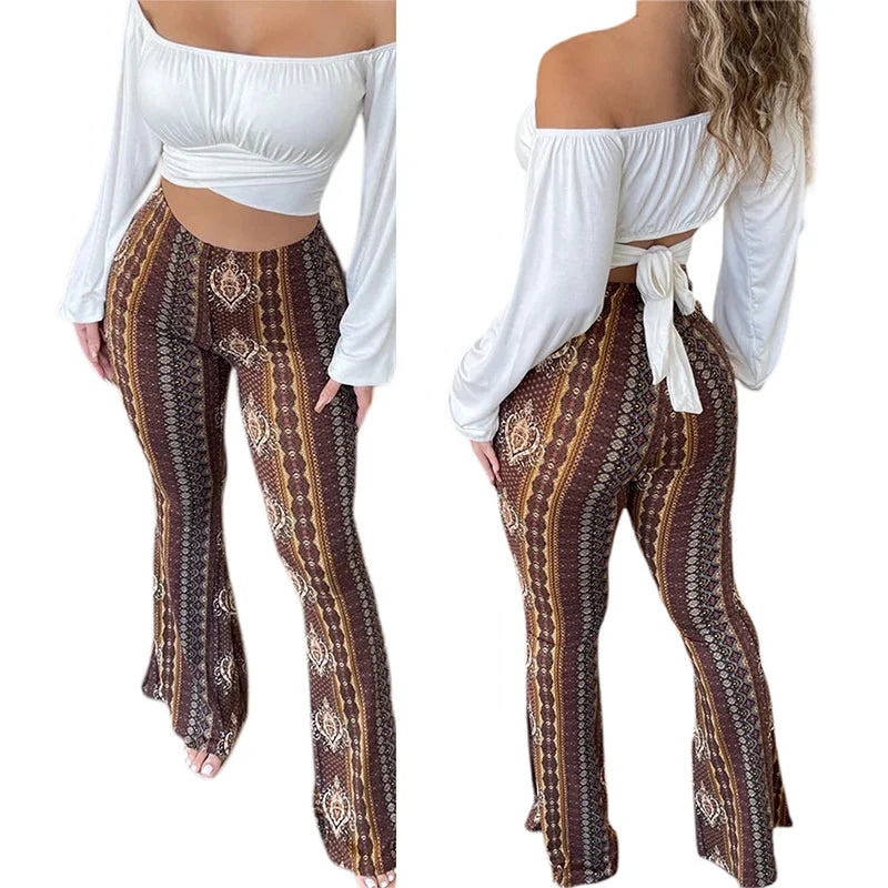 Frauen Boho Flare Pants Ethnic Tribal Print Bell Bottom Yoga Palazzo Hose | | Wiccan Center