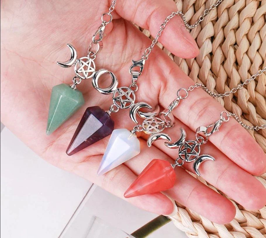 Triple Moon Pentacle Crystal Pendulums | Pendulums | Wiccan Center