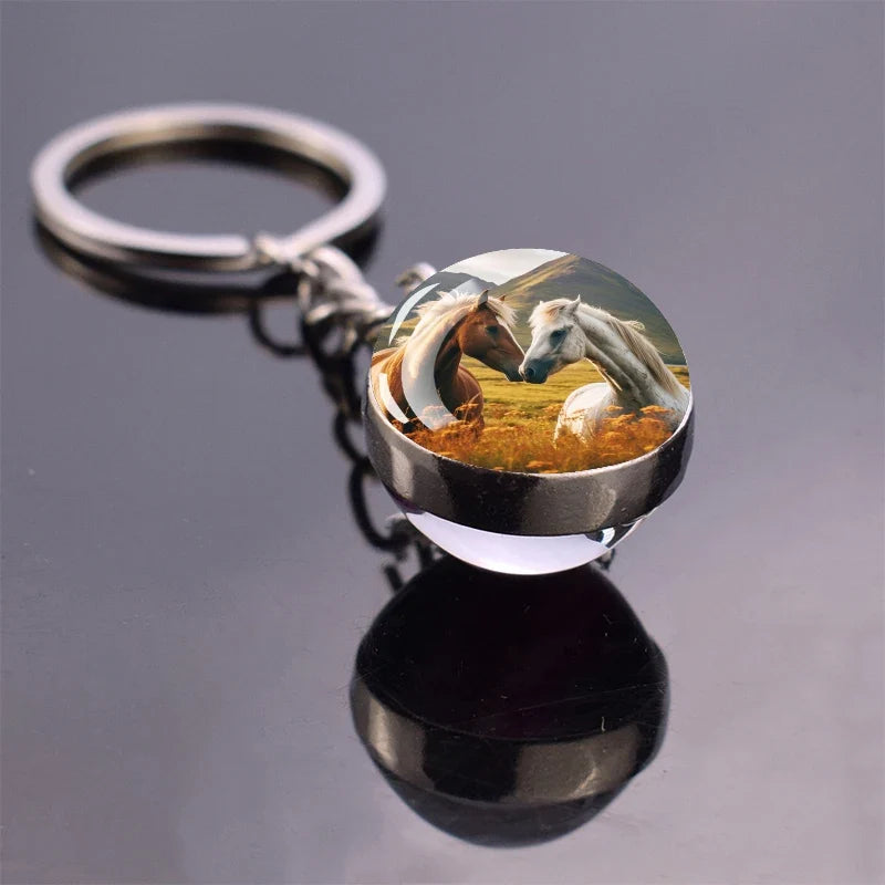 Horse Pattern Keychains White Brown Horse Racing Double Sided Glass Ball Pendant Key Chain Fashion Animal Jewelry Keyring Gift