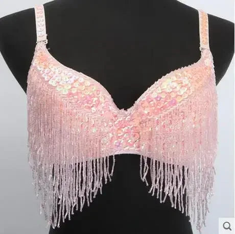 The Stardust Prism Sirena – Deluxe Beaded & Sequined Tassel Belly Dance Bra Top | Costume Tops | Wiccan Center