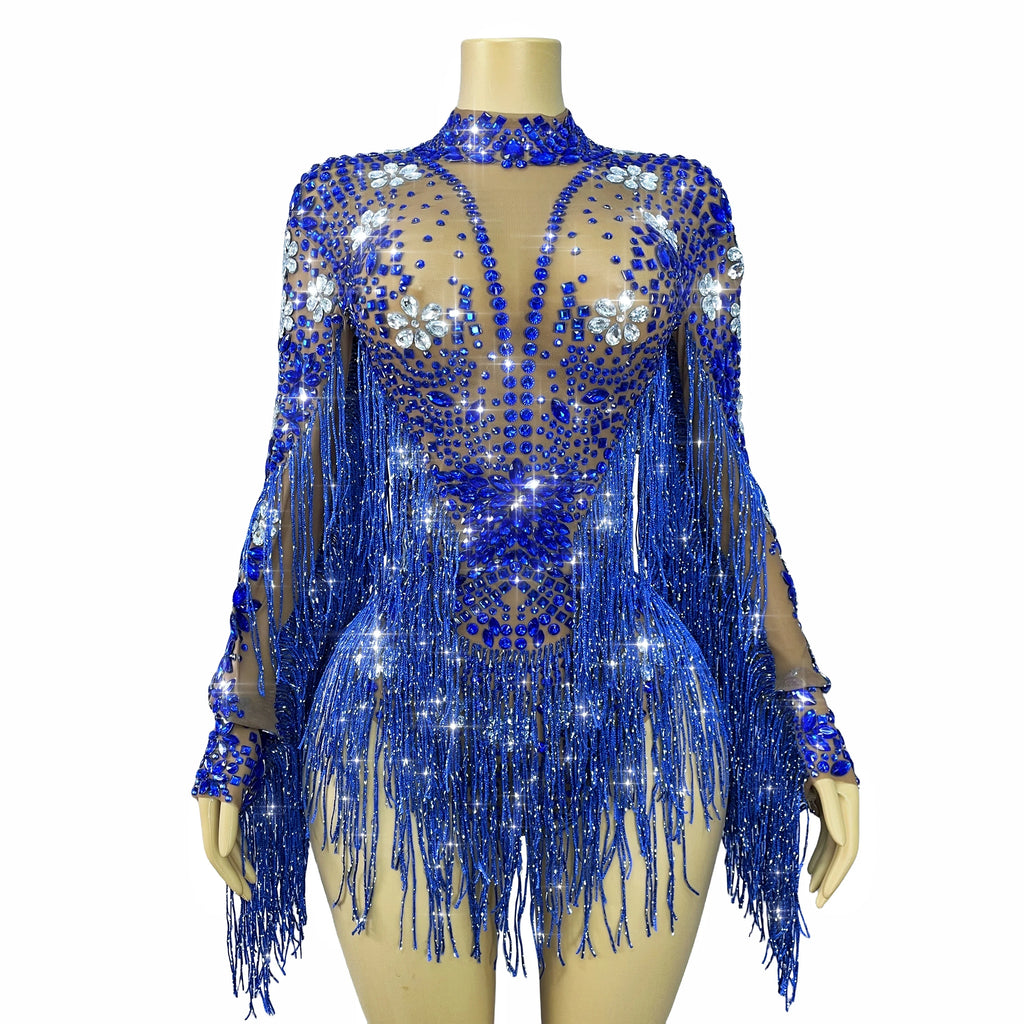 Sparkly Rhinestone Tassel High-Cut Stage Performance Bodysuit Dance Leotard