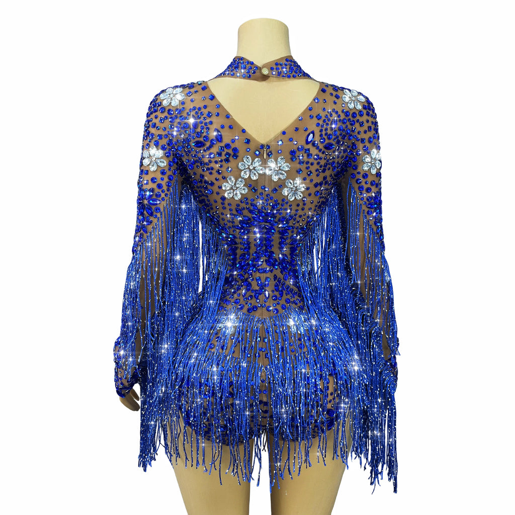 Sparkly Rhinestone Tassel High-Cut Stage Performance Bodysuit Dance Leotard