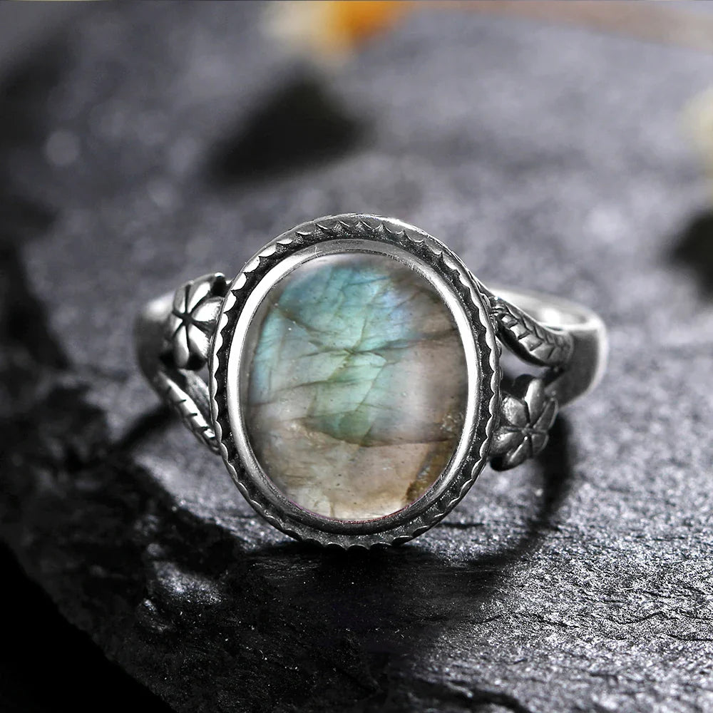 Sterling Silver Stone Oval Flower Ring | Ring | Wiccan Center