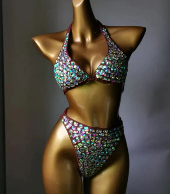 Nightclub Bar Sexy Disco Pole Dance Crystal Bikini Costume DJ Dancer Club Party Rave Outfit Pink Rhinestones Bra Set Stage Wear | Costume Sets | Wiccan Center