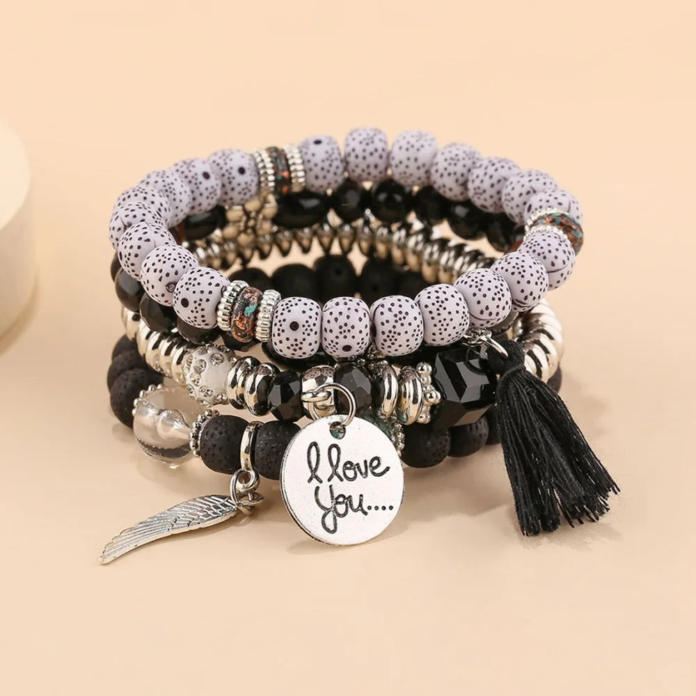 4Pcs/Set Fashion Crystal Stone Beads Chain Bracelet Set For Women I Love You Feather Tassel Charm Elastic Bangle Female Jewelry