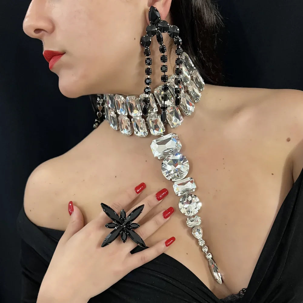 Long Geometric Crystal Rhinestone Choker Crystal Drop