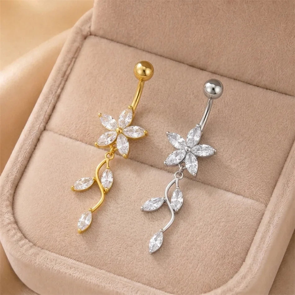 Stainless Steel Dangle Belly Button Ring Crystal Flower with Dangling Marquise Vine Titanium Navel Barbell Body Piercing Jewelry | | Wiccan Center