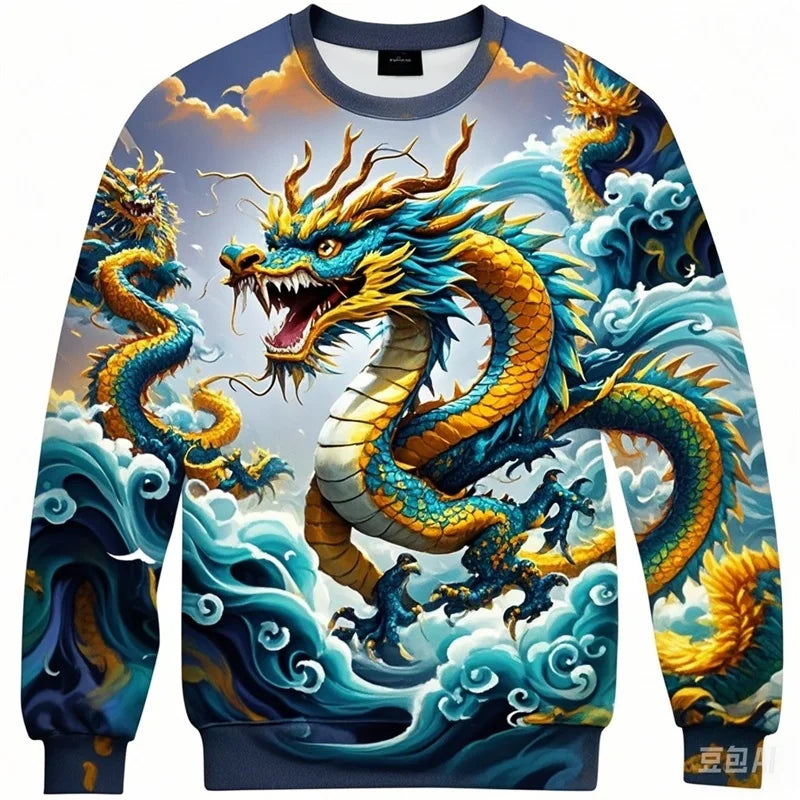 Full Print Chinese Dragon Graphic Sweatshirts For Men Women Long Sleeve Casual Round Neck Hoodie Streetwear Mens Sport Tracksuit