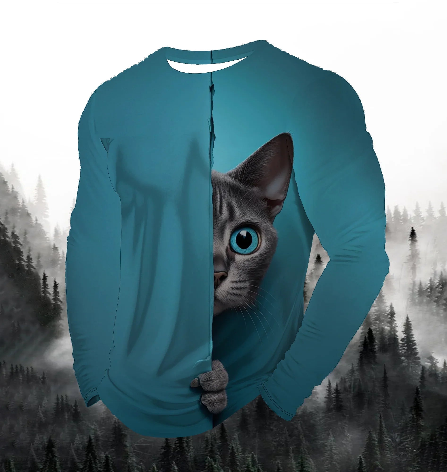 Visual Kitten Fashion Print Men's T-shirt Fashion Long Sleeve T-shirt Casual Round Neck Street Top Loose Pullover Autumn