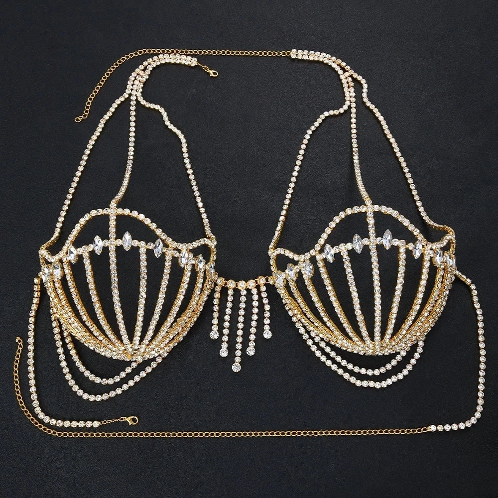 Luxury Crystal Swirl Micro Bikini Body Chain – Shimmering Rhinestone Tassel Bra & Exotic Chest Harness for Festivals, Raves & Clubwear | Body Chains | Wiccan Center