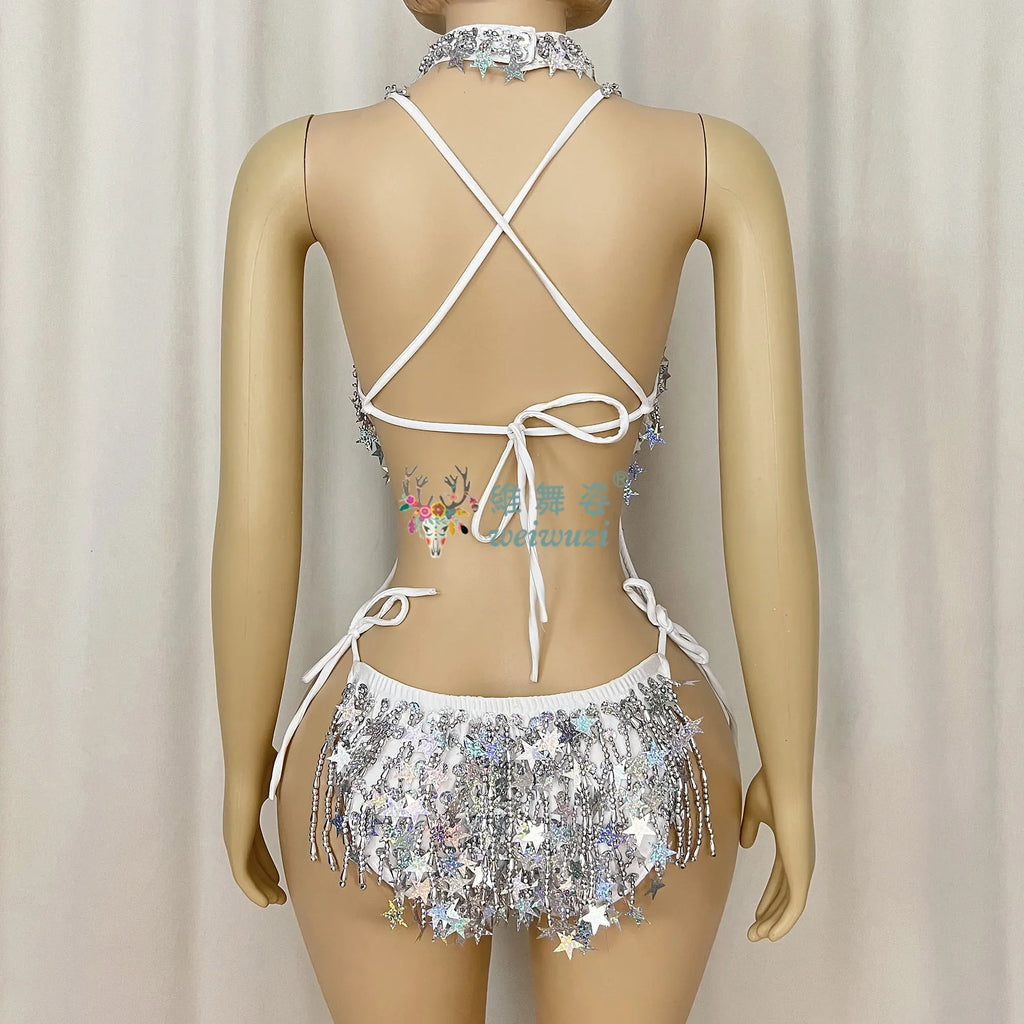The Stardust Sterling Siren Bodysuit – Luxury Beaded Fringe Showgirl Leotard