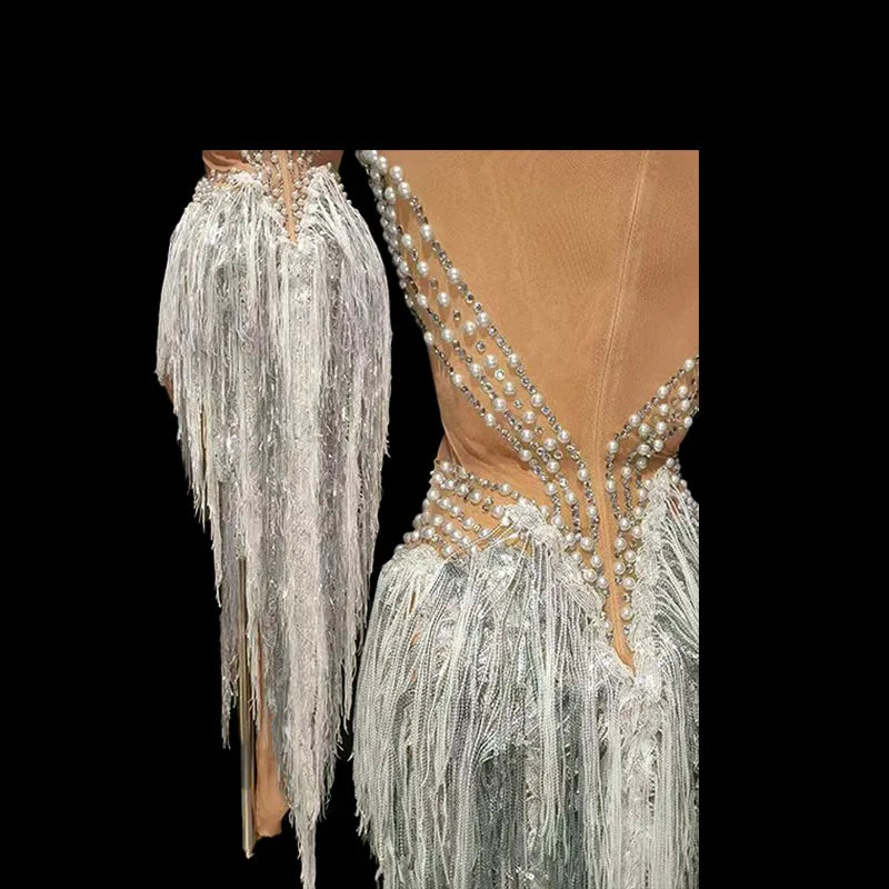 The Stardust Diamond Scallop Bodysuit – Luxury Rhinestone & Tassel Showgirl Costume