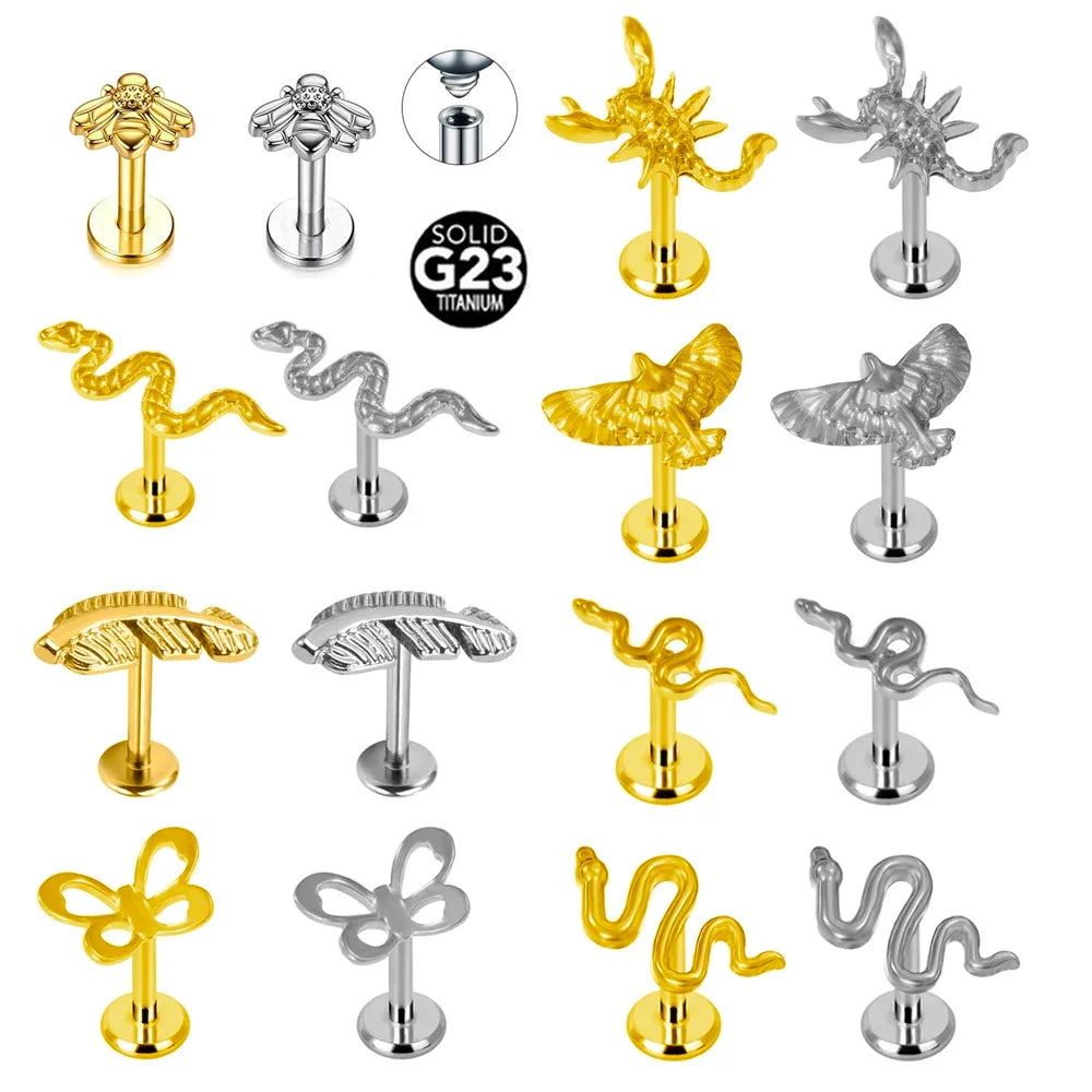 G23 Titanium Snake Bee Feather Labret Piercing 16G Internal Thread Earring Stud Cartilage Helix Body Jewelry | | Wiccan Center