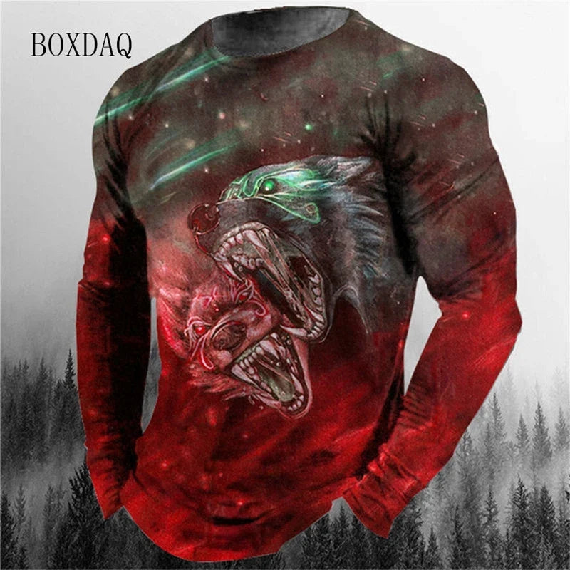 3d Animal Wolf Pattern Print Men's T-shirts Spring Autumn Long Sleeve Street Style Cotton Oversized Tops Loose Casual O-Neck Tee